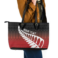 Red Silver Fern Spirit Taniko Tukutuku Personalised Leather Tote Bag