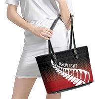 Red Silver Fern Spirit Taniko Tukutuku Personalised Leather Tote Bag