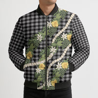 Aloha Puakenikeni Anthurium Pikake Lei Bomber Puffer Jacket Black Hawaiian Palaka Pattern