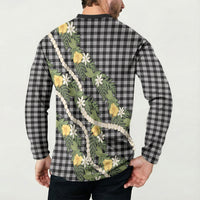 Aloha Puakenikeni Anthurium Pikake Lei Button Sweatshirt Black Hawaiian Palaka Pattern