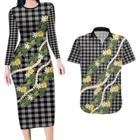 Aloha Puakenikeni Anthurium Pikake Lei Couples Matching Long Sleeve Bodycon Dress and Hawaiian Shirt Black Hawaiian Palaka Pattern LT9 Black - Polynesian Pride