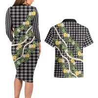 Aloha Puakenikeni Anthurium Pikake Lei Couples Matching Long Sleeve Bodycon Dress and Hawaiian Shirt Black Hawaiian Palaka Pattern LT9 - Polynesian Pride