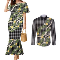 Aloha Puakenikeni Anthurium Pikake Lei Couples Matching Mermaid Dress and Long Sleeve Button Shirt Black Hawaiian Palaka Pattern LT9 Black - Polynesian Pride