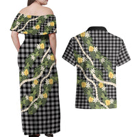 Aloha Puakenikeni Anthurium Pikake Lei Couples Matching Off Shoulder Maxi Dress and Hawaiian Shirt Black Hawaiian Palaka Pattern