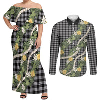 Aloha Puakenikeni Anthurium Pikake Lei Couples Matching Off Shoulder Maxi Dress and Long Sleeve Button Shirt Black Hawaiian Palaka Pattern LT9 Black - Polynesian Pride