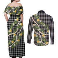 Aloha Puakenikeni Anthurium Pikake Lei Couples Matching Off Shoulder Maxi Dress and Long Sleeve Button Shirt Black Hawaiian Palaka Pattern LT9 - Polynesian Pride