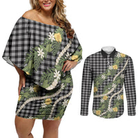 Aloha Puakenikeni Anthurium Pikake Lei Couples Matching Off Shoulder Short Dress and Long Sleeve Button Shirt Black Hawaiian Palaka Pattern LT9 Black - Polynesian Pride