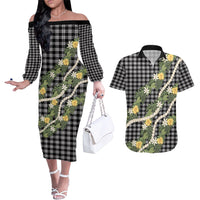 Aloha Puakenikeni Anthurium Pikake Lei Couples Matching Off The Shoulder Long Sleeve Dress and Hawaiian Shirt Black Hawaiian Palaka Pattern LT9 Black - Polynesian Pride
