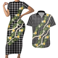 Aloha Puakenikeni Anthurium Pikake Lei Couples Matching Short Sleeve Bodycon Dress and Hawaiian Shirt Black Hawaiian Palaka Pattern