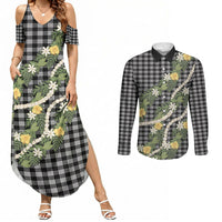 Aloha Puakenikeni Anthurium Pikake Lei Couples Matching Summer Maxi Dress and Long Sleeve Button Shirt Black Hawaiian Palaka Pattern LT9 Black - Polynesian Pride
