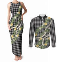 Aloha Puakenikeni Anthurium Pikake Lei Couples Matching Tank Maxi Dress and Long Sleeve Button Shirt Black Hawaiian Palaka Pattern LT9 Black - Polynesian Pride