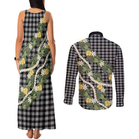 Aloha Puakenikeni Anthurium Pikake Lei Couples Matching Tank Maxi Dress and Long Sleeve Button Shirt Black Hawaiian Palaka Pattern LT9 - Polynesian Pride