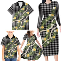 Aloha Puakenikeni Anthurium Pikake Lei Family Matching Long Sleeve Bodycon Dress and Hawaiian Shirt Black Hawaiian Palaka Pattern LT9 - Polynesian Pride