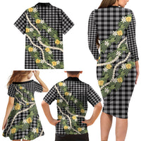 Aloha Puakenikeni Anthurium Pikake Lei Family Matching Long Sleeve Bodycon Dress and Hawaiian Shirt Black Hawaiian Palaka Pattern LT9 Mom's Dress Black - Polynesian Pride
