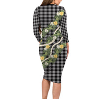 Aloha Puakenikeni Anthurium Pikake Lei Family Matching Long Sleeve Bodycon Dress and Hawaiian Shirt Black Hawaiian Palaka Pattern