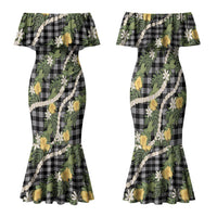 Aloha Puakenikeni Anthurium Pikake Lei Family Matching Mermaid Dress and Hawaiian Shirt Black Hawaiian Palaka Pattern LT9 Mom's Dress Black - Polynesian Pride