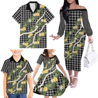 Aloha Puakenikeni Anthurium Pikake Lei Family Matching Off The Shoulder Long Sleeve Dress and Hawaiian Shirt Black Hawaiian Palaka Pattern LT9 - Polynesian Pride