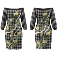Aloha Puakenikeni Anthurium Pikake Lei Family Matching Off The Shoulder Long Sleeve Dress and Hawaiian Shirt Black Hawaiian Palaka Pattern LT9 Mom's Dress Black - Polynesian Pride