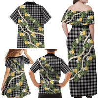 Aloha Puakenikeni Anthurium Pikake Lei Family Matching Off Shoulder Maxi Dress and Hawaiian Shirt Black Hawaiian Palaka Pattern LT9 Mom's Dress Black - Polynesian Pride
