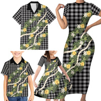 Aloha Puakenikeni Anthurium Pikake Lei Family Matching Short Sleeve Bodycon Dress and Hawaiian Shirt Black Hawaiian Palaka Pattern LT9 - Polynesian Pride