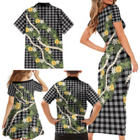 Aloha Puakenikeni Anthurium Pikake Lei Family Matching Short Sleeve Bodycon Dress and Hawaiian Shirt Black Hawaiian Palaka Pattern LT9 Mom's Dress Black - Polynesian Pride