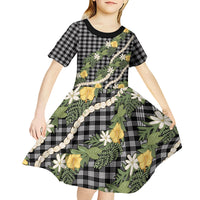 Aloha Puakenikeni Anthurium Pikake Lei Kid Short Sleeve Dress Black Hawaiian Palaka Pattern