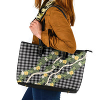 Aloha Puakenikeni Anthurium Pikake Lei Leather Tote Bag Black Hawaiian Palaka Pattern LT9 Black - Polynesian Pride