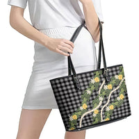 Aloha Puakenikeni Anthurium Pikake Lei Leather Tote Bag Black Hawaiian Palaka Pattern LT9 - Polynesian Pride