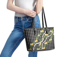 Aloha Puakenikeni Anthurium Pikake Lei Leather Tote Bag Black Hawaiian Palaka Pattern LT9 - Polynesian Pride
