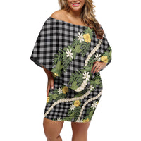 Aloha Puakenikeni Anthurium Pikake Lei Off Shoulder Short Dress Black Hawaiian Palaka Pattern LT9 Women Black - Polynesian Pride
