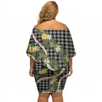 Aloha Puakenikeni Anthurium Pikake Lei Off Shoulder Short Dress Black Hawaiian Palaka Pattern LT9 - Polynesian Pride
