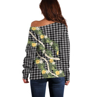 Aloha Puakenikeni Anthurium Pikake Lei Off Shoulder Sweater Black Hawaiian Palaka Pattern LT9 - Polynesian Pride
