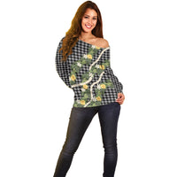 Aloha Puakenikeni Anthurium Pikake Lei Off Shoulder Sweater Black Hawaiian Palaka Pattern LT9 - Polynesian Pride