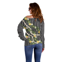 Aloha Puakenikeni Anthurium Pikake Lei Off Shoulder Sweater Black Hawaiian Palaka Pattern LT9 - Polynesian Pride