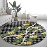 Aloha Puakenikeni Anthurium Pikake Lei Round Carpet Black Hawaiian Palaka Pattern LT9 - Polynesian Pride