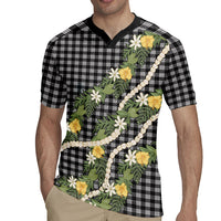 Aloha Puakenikeni Anthurium Pikake Lei Rugby Jersey Black Hawaiian Palaka Pattern LT9 - Polynesian Pride