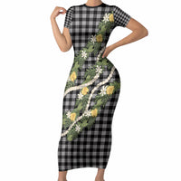 Aloha Puakenikeni Anthurium Pikake Lei Short Sleeve Bodycon Dress Black Hawaiian Palaka Pattern LT9 Long Dress Black - Polynesian Pride