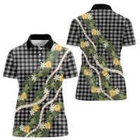 Aloha Puakenikeni Anthurium Pikake Lei Women Polo Shirt Black Hawaiian Palaka Pattern