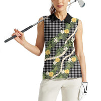 Aloha Puakenikeni Anthurium Pikake Lei Women Sleeveless Polo Shirt Black Hawaiian Palaka Pattern