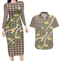 Aloha Puakenikeni Anthurium Pikake Lei Couples Matching Long Sleeve Bodycon Dress and Hawaiian Shirt Chocolate Hawaiian Palaka Pattern LT9 Chocolate - Polynesian Pride