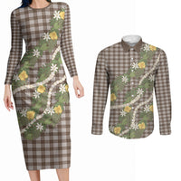 Aloha Puakenikeni Anthurium Pikake Lei Couples Matching Long Sleeve Bodycon Dress and Long Sleeve Button Shirt Chocolate Hawaiian Palaka Pattern LT9 Chocolate - Polynesian Pride