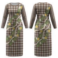 Aloha Puakenikeni Anthurium Pikake Lei Couples Matching Long Sleeve Bodycon Dress and Long Sleeve Button Shirt Chocolate Hawaiian Palaka Pattern LT9 - Polynesian Pride