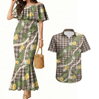 Aloha Puakenikeni Anthurium Pikake Lei Couples Matching Mermaid Dress and Hawaiian Shirt Chocolate Hawaiian Palaka Pattern LT9 Chocolate - Polynesian Pride