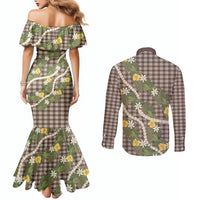 Aloha Puakenikeni Anthurium Pikake Lei Couples Matching Mermaid Dress and Long Sleeve Button Shirt Chocolate Hawaiian Palaka Pattern