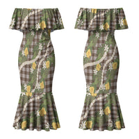 Aloha Puakenikeni Anthurium Pikake Lei Couples Matching Mermaid Dress and Long Sleeve Button Shirt Chocolate Hawaiian Palaka Pattern LT9 - Polynesian Pride