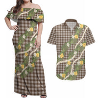 Aloha Puakenikeni Anthurium Pikake Lei Couples Matching Off Shoulder Maxi Dress and Hawaiian Shirt Chocolate Hawaiian Palaka Pattern