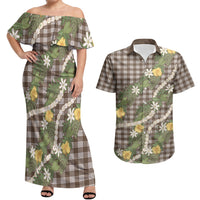 Aloha Puakenikeni Anthurium Pikake Lei Couples Matching Off Shoulder Maxi Dress and Hawaiian Shirt Chocolate Hawaiian Palaka Pattern LT9 Chocolate - Polynesian Pride