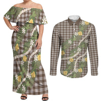 Aloha Puakenikeni Anthurium Pikake Lei Couples Matching Off Shoulder Maxi Dress and Long Sleeve Button Shirt Chocolate Hawaiian Palaka Pattern LT9 Chocolate - Polynesian Pride