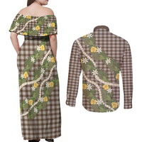 Aloha Puakenikeni Anthurium Pikake Lei Couples Matching Off Shoulder Maxi Dress and Long Sleeve Button Shirt Chocolate Hawaiian Palaka Pattern