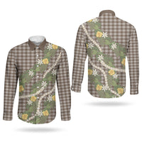 Aloha Puakenikeni Anthurium Pikake Lei Couples Matching Off Shoulder Maxi Dress and Long Sleeve Button Shirt Chocolate Hawaiian Palaka Pattern LT9 - Polynesian Pride